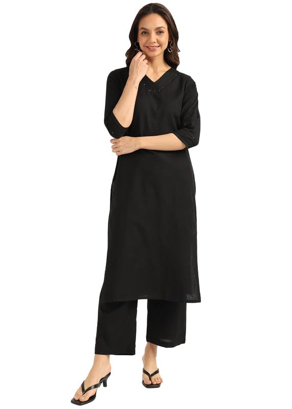 Image of BLOCKS OF INDIA Women's Solid Straight Kurta Set | Hand-Stitched Neck Details with Pintucks | Comfortable Pants with Pockets, Elastic Waist & Drawstring Fit