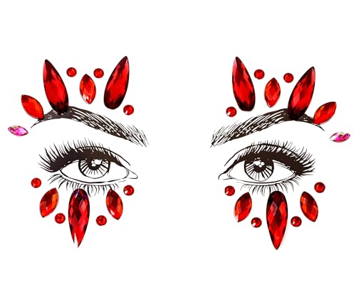 Face Jewels Stick on Face Costume Gems Self-Adhesive Makeup Halloween Dress Up Rhinestone Stickers for Festival Holiday Party Accessories (Red)
