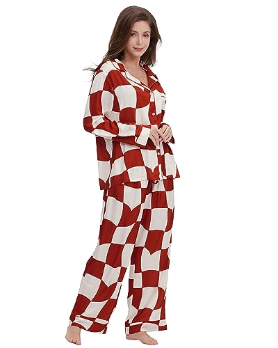 Image of YiNi LuLu Womens Silk Satin Pajamas Set Button Down 2 Piece Pjs Long Sleeve Oversized Sleepwear with Pockets
