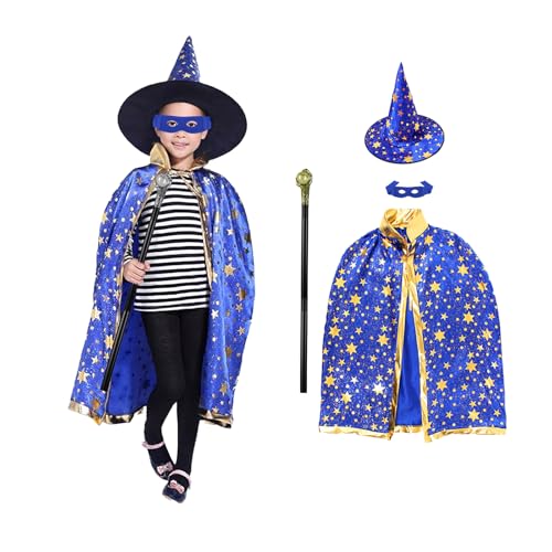 Kinwers Deguisement Sorcier Garcon，Cape Bleu Halloween Enfant Chapeau Sceptre 6-10 ans pour Halloween, carnaval et fêtes