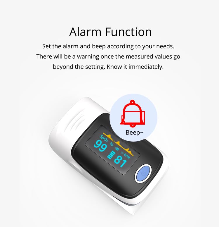 YM101 Pulse Oximeter display showing an alarm icon and 'Beep~' text