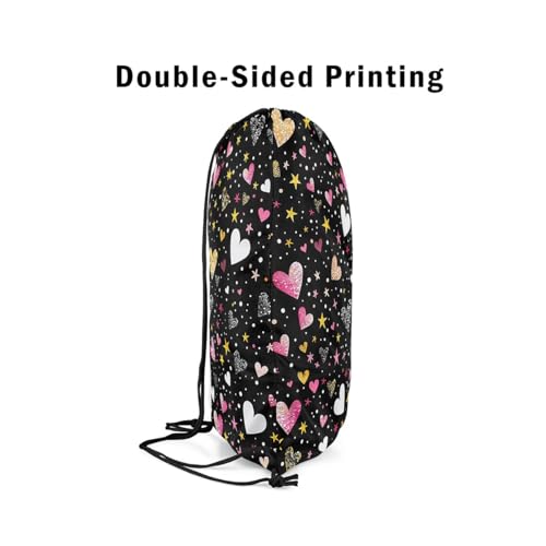 Feelyou Hearts Backpack 13"x15.7" for Love Hearts Drawstring Backpack Glitter Sparkle Hearts Backpack Black Golden Drawstring Backpack for All Season Waterproof Cinch Bag4