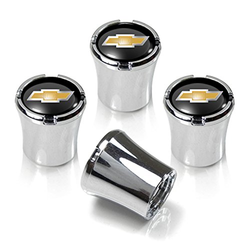 Chevrolet Chrome & Black Valve Stem Caps w/Gold Bowtie Logo - Set of 4