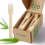 Devot 100% Natural Bamboo Disposable Cutlery Set - 120 Forks 6.7', Eco Friendly Utensils, Biodegradable, Compostable, Splinter Free and Perfect For Weddings, Camping, Party