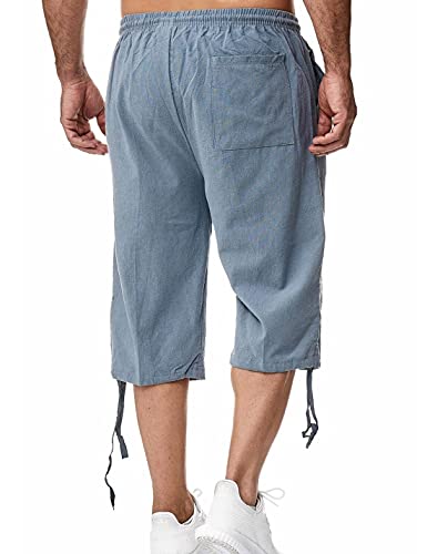 شورت طويل للرجال من الكتان من هانجنيفانج، بطول يصل أسفل الركبة ومصمم بجيوب، سروال كابري صيفي برباط سحب وطول ثلاثة أرباع، أزرق، مقاس XL