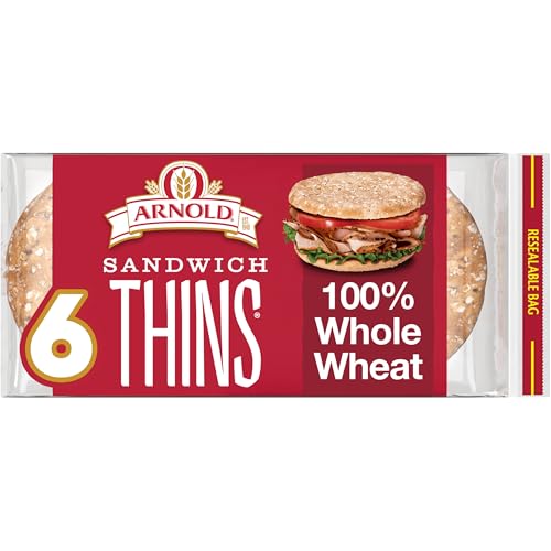 Arnold 100% Whole Wheat Sandwich Thins Rolls, Sandwich Rounds Free From Artificial Colors, Flavors and Preservatives, 6 Sandwich Rolls