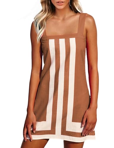 Image of Fiona Jolin Women's Striped Mini Dress Boho Shoulder Strap Sundress Summer Cover Up Dress for Beach