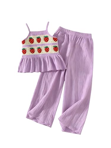 Image of WDIRARA Girl's 2 Piece Outfits Boho Floral Crochet Ruffled Sleeveless Cami Top and Wide Leg Pants