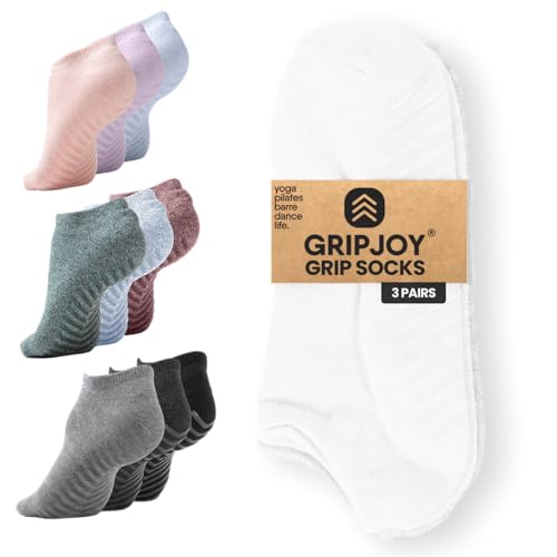 Gripjoy Grip Socks 3-Pack, Non Slip Socks for Yoga, Pilates, Barre, Dance, Enhanced Stability, Machine Washable, Comfortable Cotton Blend, Supports Charitable Causes