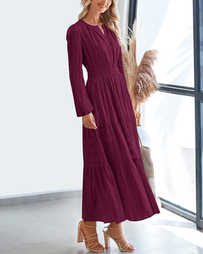 BTFBM Fall Dresses for Women 2025 Casual Long Sleeve V Neck Elastic Waist Lightweight Maxi Wedding Guest Dress Pockets