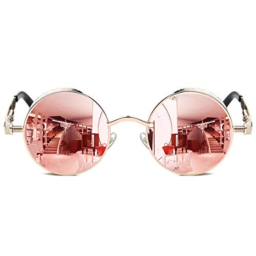 Joopin Retro Polarised Steampunk Sunglasses Round Mirrored lens Metal Circle Vintage Sunglasses for Men and Women(Retro Pink) steampunk buy now online