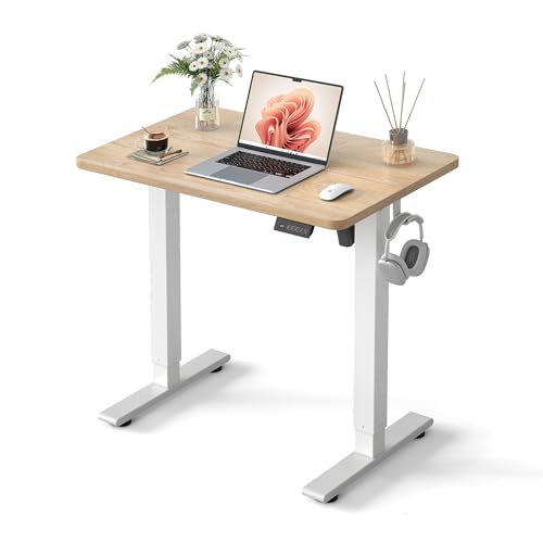 Cubiker Standing Desk 32 Small Sit Stand Home Office Desk Electric Stand up Desk Adjustable Desk with Splice Board White Frame/Maple Top