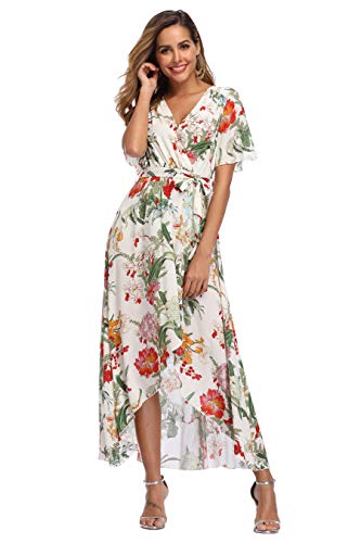 Vintageclothing Women's Wrap V Neck Floral Summer Dresses With Sleeve High Low Maxi Casual Flowy Beach Party Dress, Xl Off-White #TOP3