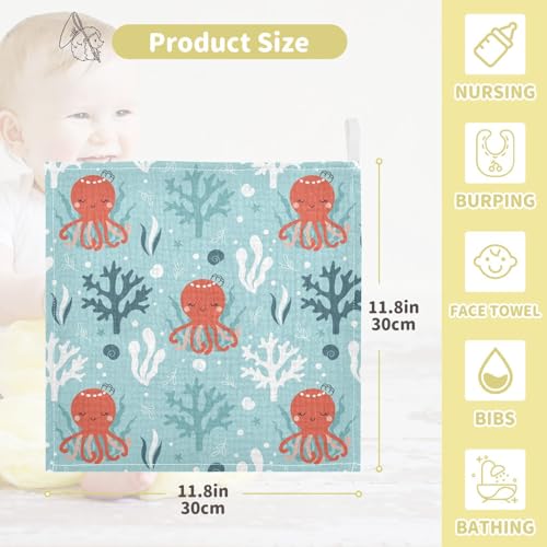 Image of vvfelixl Baby Muslin Washcloths Octopus Swimming Underwater Baby Burp Cloths Cotton Baby Face Towel for Newborn Infants Boys Girls Soft and Absorbent 11.8 X 11.8 in, 3 Pack