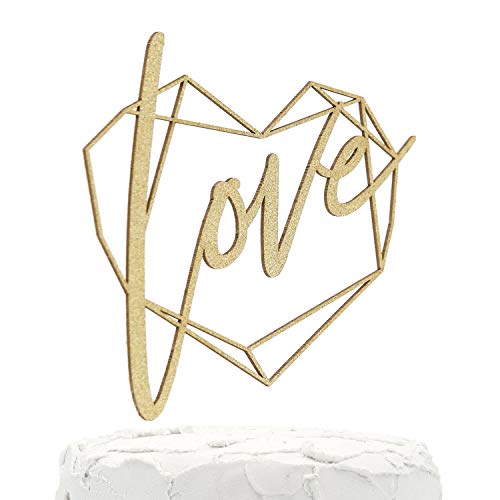 NANASUKO Wedding/Engagement Cake Topper - love - with Modern Geometric Heart Frame - Double Sided Gold Glitter - Premium Quality Made in USA