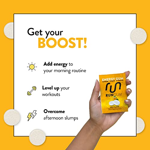 RUN GUM Fruit Energy Chewing Gum 50mg Caffeine Taurine & B-Vitamins Per Piece, 24 Pieces (Pack of 12) Sugar Free, Zero Calorie, No Aspartame, and Gluten Free