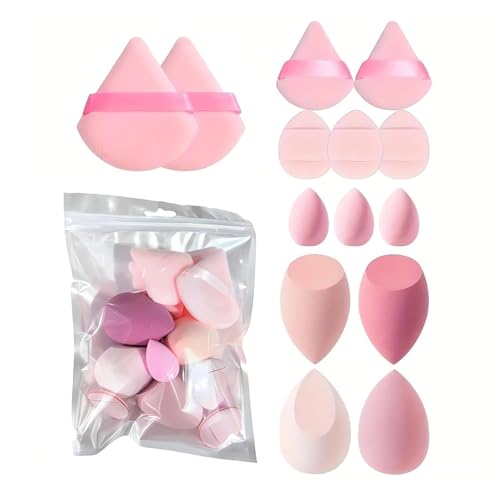 Lot de 14 éponges de maquillage - Lavables et réutilisables - Pour fond de teint - Éponges mélangeurs pour liquides - Crème et poudre - Pompon à poudre - Visage - Triangle - Rose