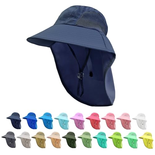 Image of Rosoz Kids Sun Hat with Neck Flap UV Protection Summer Toddler Beach Hat Unisex Ponytail Hat Wide Brim Fishing Hat