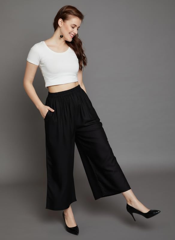 Image of Super Soft Viscose Rayon Flared Palazzo Pants for Women Stylish Wide Leg Straight Relaxed Fit Casual Ethnic Office Wear