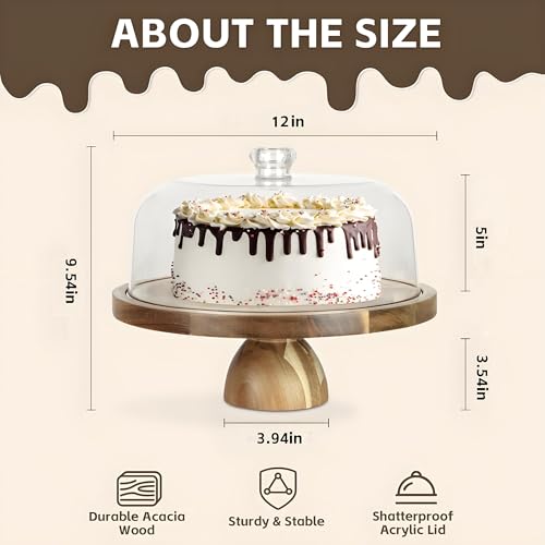 Acacia Wood Cake Stand with Lid, 2-In-1 Cake Plate with Lid, 12in Round Dessert Table Display Set, Raise Dome for Charcuterie Board, Cheese, Chips & Dips, Nachos, Fruit Platter (12in) - Image 4