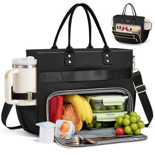 Image of LOVEVOOK Lunch Bag, Tote Bag for Women with Insulated Lunch Compartment, Large Capacity Work Tote fit 17.3 Inch Laptop, Teacher Nurse Bag for Work, Crossbody Bags for Women with Cup Holder, Black