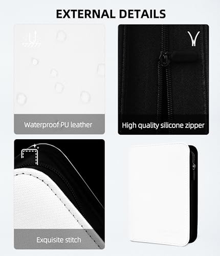 Image of Premium 4 Pocket Card Binder, Holds 160 Cards for MTG TCG Sports Game Cards(White,4 Pocket) | Side-loading card binder with zipper and no-ring design. Holds 160 cards in clear pockets.