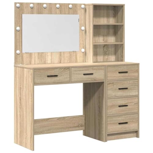zylophax Tocador con estante e iluminación LED, color marrón, de madera, 78,5 x 41 x 135 cm, mesa de maquillaje con cajones, almacenamiento de cosméticos para dormitorio y vestidor
