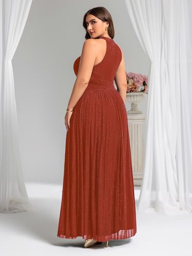 Image of Ever-Pretty Plus Women's Floor Length A-Line Halter Sleeveless Pleated Glitter Plus Size Formal Dress Evening Gown