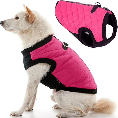 Image of Gooby Fashion Vest Dog Jacket, Pink, X-Large | Quilted bomber, water-resistant; Stretch knit bottom; Dual D-ring leash; Pain-free zipper guard; Warm