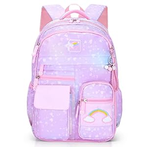 Girls Backpack, School Kids Backpacks for Girls, Cute Book Bag with Compartments for Girl Kid Students Elementary School, Kids’ School Bag(Purple)