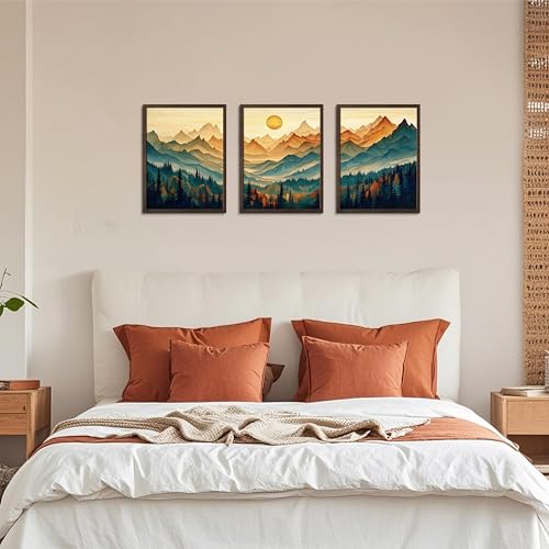 Framed Boho Wall Art Set of 3, Boho Wall Decor, Sunrise Mountain Canvas Prints for Living Room Decor, Large Forest Landscape Painting in Wood Frame, Pine Trees Picture for Bedroom Office 12x16 inch by MJONG - Used condition - Image 2