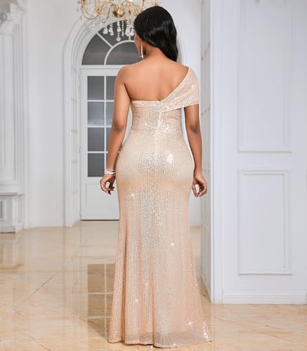 Image of Cololura Women Sexy Sequin One Shoulder Mermaid Formal Party Cocktail Gowns Bodycon Evening Maxi Dress