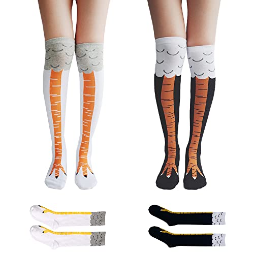 HOVCEH Chicken Leg Socks Long, 2 Paar Hühnerfüße Strümpfe, Kniestrümpfe Damen, Socken Lustig Set, Overknees Strümpfe Hühnerfüße, Crazy Funny Chicken Legs Winter Warm Geschenk, Weiß, Schwarz Cover