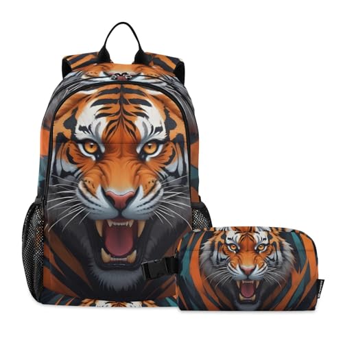 Travel Backpack Lunch Bag Set for Hiking Picnic, Backpacks with Insulated Lunch Box Fierce Animal Print