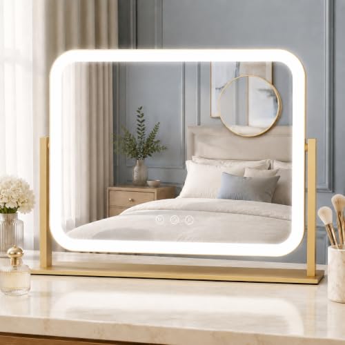 Image of FENNIO Vanity Mirror with Lights 17''x13'' Makeup Mirror with Lights,Vanity Mirror Touch Screen with 3-Color Lighting,Dimmable,for Vanity Desk Tabletop Gold