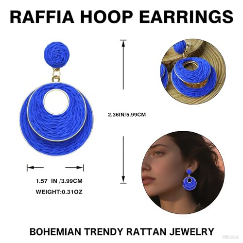 Image of Raffia Hoop Earrings for Women - Boho Straw Wiker Dangle Drop Earrings for Summer Beach, Bohemian Trendy Rattan Jewelry
