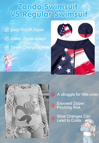 Image of Zando UPF50+ Girls Long Sleeve One Piece Swimsuit with Zipper - Rash Guard for Teens Toddler Kids 2-15 Years