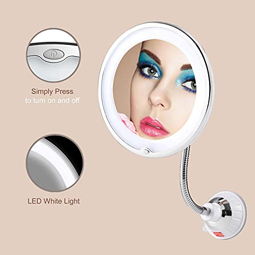 Top4Ever Flexible 10X Magnifying Suction Mirror, Dimmable Led Lighted Vanity Mirror,Power Locking Suction Cup With Day Light And 360 Degree Swivel, Portable Vanity Mirror For Home Bathroom #TOP2