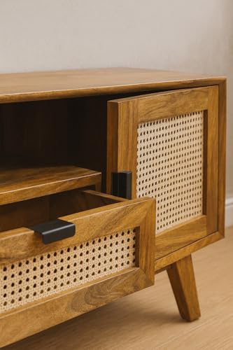 Image of Premium Solid Wood Mid Century Entertainment Center TV Stand for 65 inch TV with Aesthetic Rattan Doors and Drawer, 10 Minutes Assembly (Legs Only), Dark Chocolate Light Honey, for Living Room