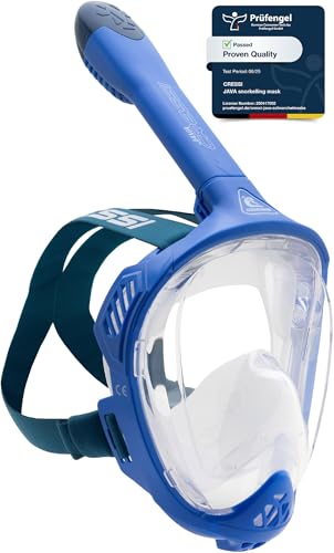 CRESSI Java Full Face Mask Blue/Blue Navy L/XL - Máscara Integral para Snorkeling, Lente Ultra Clara Antivaho, 100% Silicona, Tubo Seco con Válvulas de Seguridad, Azul/Navy Azul, L/XL