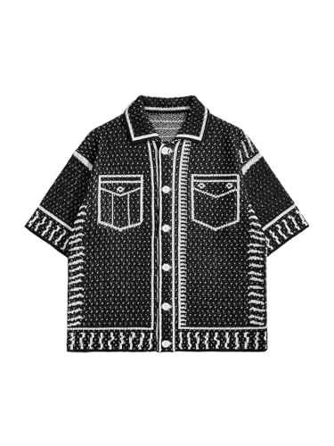 Men's Graphic Crochet Sweaters Button Down Short Sleeve Summer Collared Knit Tops