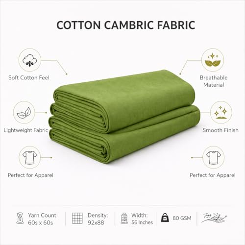 Image of Soimoi Green Solid 60 * 60's Cotton Cambric Fabric by 10 Yards, 56 Inch Wide Light Weight Material Suitable for Kurtis, Blouses, Kids Clothing, Tunics, Dresses and Summer Apparel