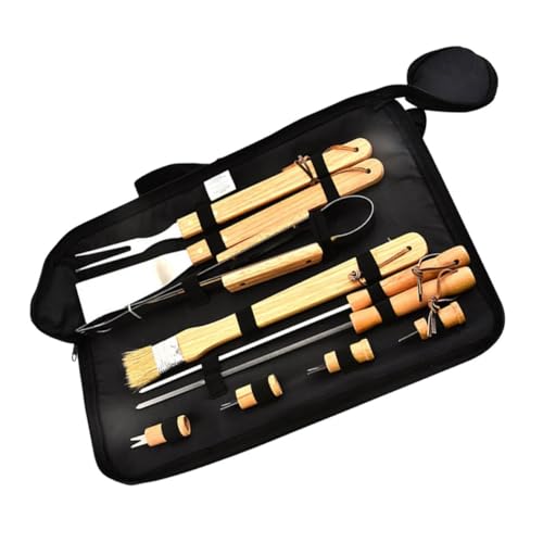 Set portátil de 10 piezas para asador con mangos de madera y acero inoxidable miniatura 1