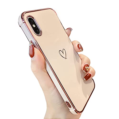 Knoowcase iPhone X Case iPhone XS Phone Case for Girls Women Shockproof Flexible Silicone Bumper Lens Protection Luxury Plated Gold Heart Slim Anti Scratch Phone Cover, Pink