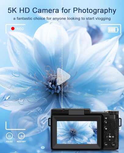 Foto de FLATIC Cámara digital con WiFi, cámaras 5K 64MP para fotografía con pantalla abatible de 180° para YouTube, cámara de enfoque automático de enfoque automático de 18X con tarjeta de 64 GB, lente ancha (imagen 3)
