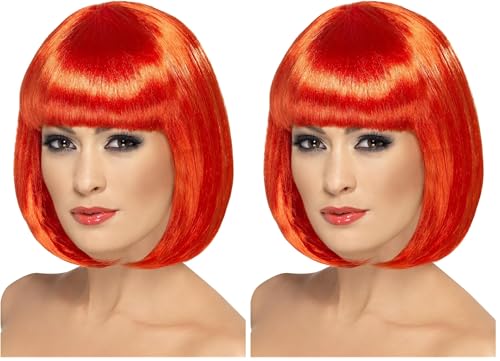 Perruque rouge bob court frange nette 12 pouces Partyrama pack de 2