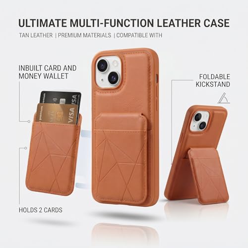 Image of amazon basics Premium Vegan Leather Back Cover with Card Holder and Integrated Mobile Stand for iPhone 15 - Slim Shockproof Wallet Case with Geometric Stitching [Tan]
