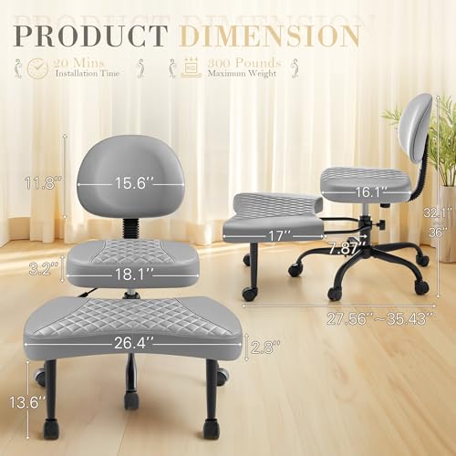 Image of Furmax Ergonomic Criss Cross Legged Office Chair with Wheels, 360Swivel Adjustable Height Kneeling Desk Chair with Footrest for ADHD, Yoga, Meditation, Home Office (Leather, Gray)