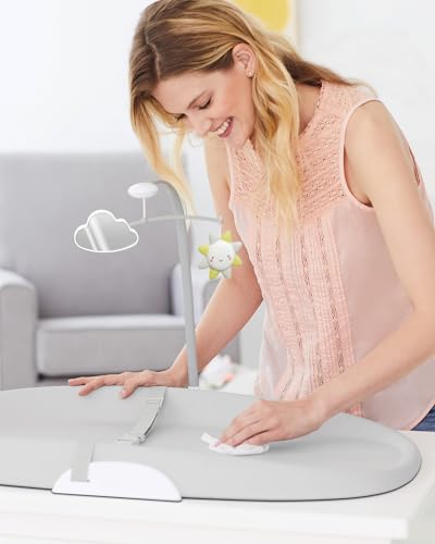 Image of Skip Hop Baby Changing Pad Nursery Style Wipe-Clean Contoured with Cushioned Foam, Non-Skid Base, Built-in Safety Belt & Tuck-Away Toy Bar, Grey
