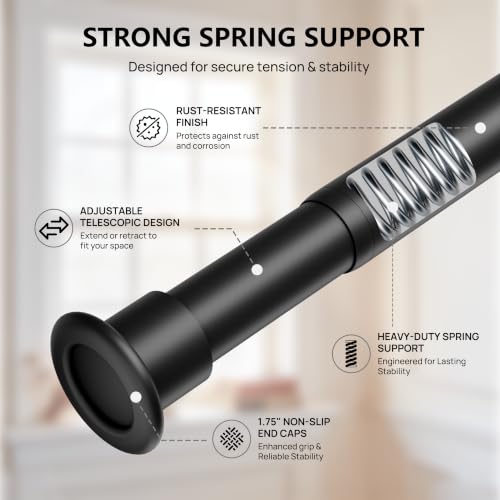 Image of Tension Curtain Rod by EZFurni, 28 to 42 Inch, Adjustable Curtain Rods No Drilling, Heavy Duty Tension Rod, Anti-Slip Spring Loaded Curtain Rods for Window, Closet, Door, Black